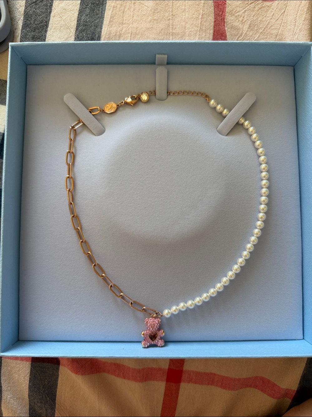 Swarovski Gold Link & Pearl Necklace with Pink Teddy Charm